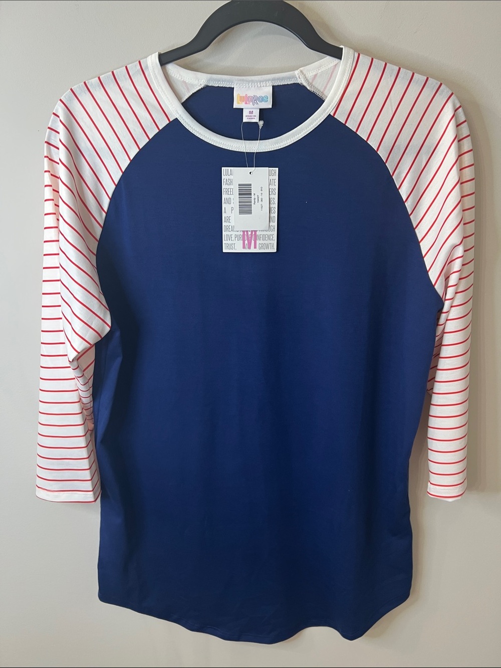 LuLaRoe Randy Navy Tee with White and Red Striped Sleeves
